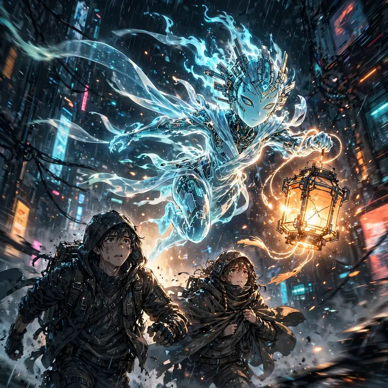Cinematic anime still of a lantern spirit guiding lost travelers in sleek cyber-anime hybrid style, caught at the peak of motion. High-contrast