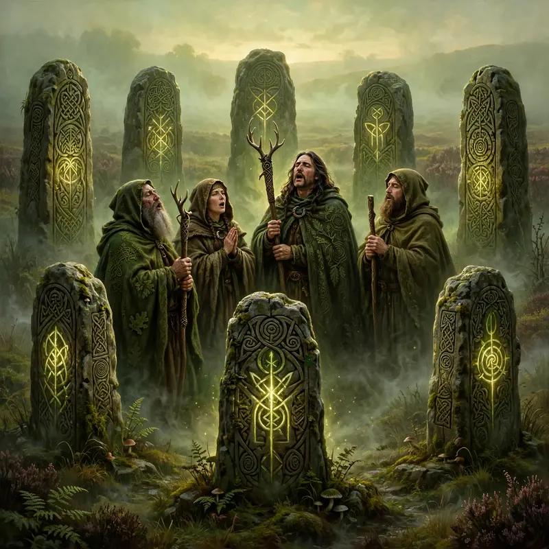 Druids chanting inside a glowing runestone circle on a misty moor, standing stones humming with light, fantasy ritual painting, dawn breaking