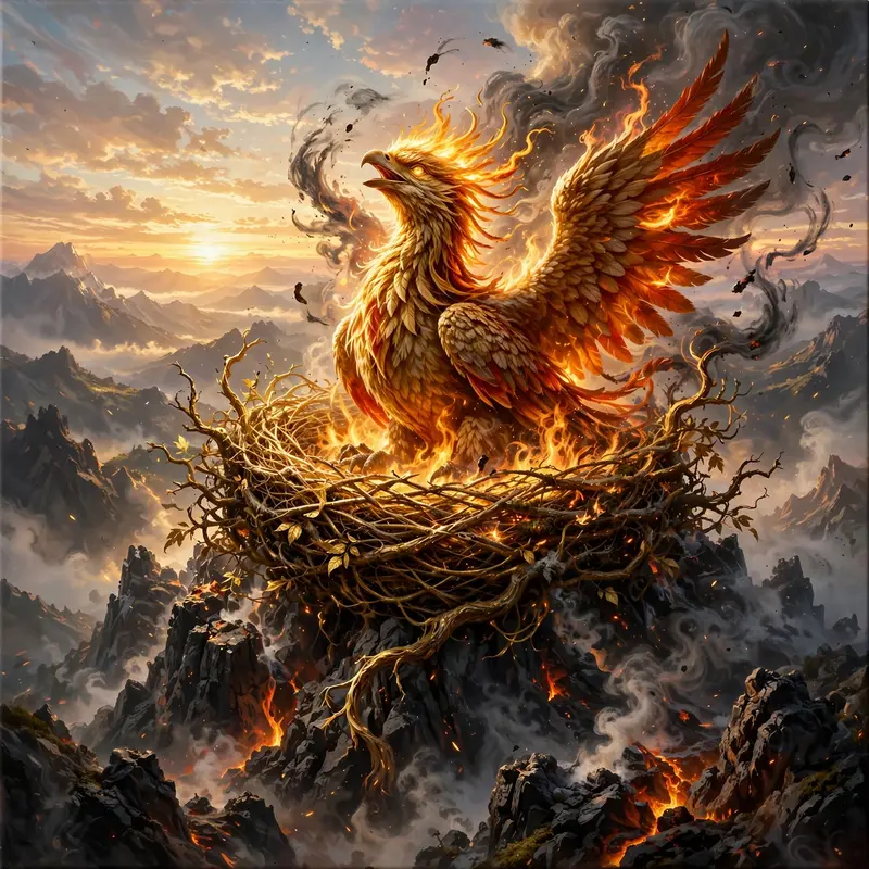 A phoenix nest of golden branches atop a smoking peak, the great bird igniting at sunrise, ash swirling, epic fantasy painting, blazing rebirth
