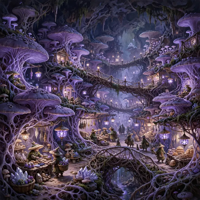 A city grown from glowing mycelium beneath the world, spore-lantern streets, root bridges, tiny folk trading, subterranean fantasy painting, soft