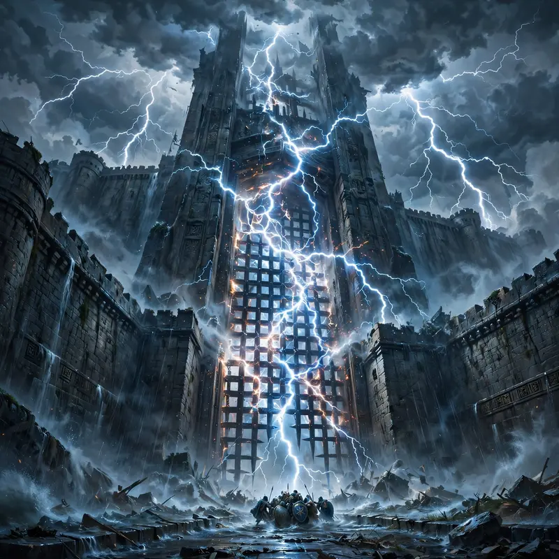 Impossibly tall gates in a wall of eternal storm, lightning forging the portcullis, guards tiny in the deluge, epic fantasy painting, electric