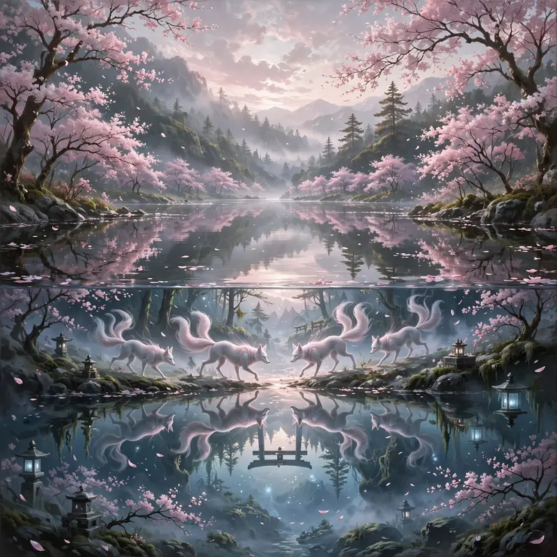 A lake so still it shows the spirit world beneath its surface, fox-spirits walking inverted, cherry petals on both sides, fantasy painting