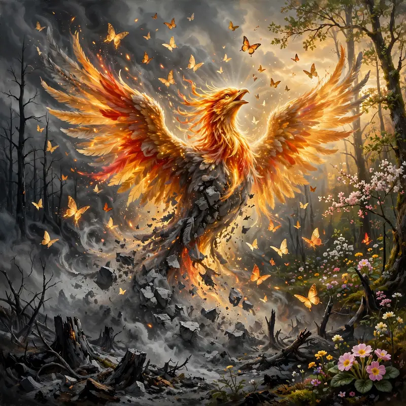 A phoenix bursting from gray ash into color, embers becoming butterflies, a scorched forest blooming behind, fantasy painting, transformation from