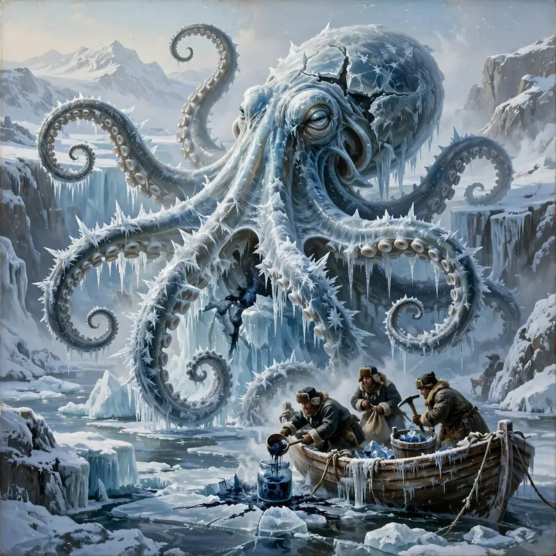 A kraken frozen mid-breach in an arctic bay, tentacles of ice, sailors harvesting frost-ink, surreal fantasy painting, pale polar light, frozen