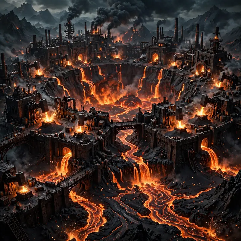 A citadel built around a volcano's throat, forges hammering day and night, rivers of slag, dark industrial fantasy, relentless orange glow, brutal
