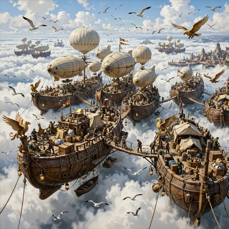 A harbor of moored airships floating on a cloud sea, gangplanks between hulls, gulls and griffins, adventurous fantasy painting, bright midday sky