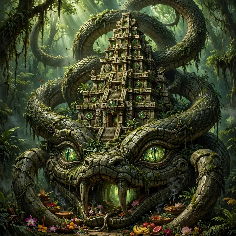 A temple wrapped in a stone serpent's coils, its jeweled eyes the windows, vines and offerings at its fangs, fantasy architecture painting