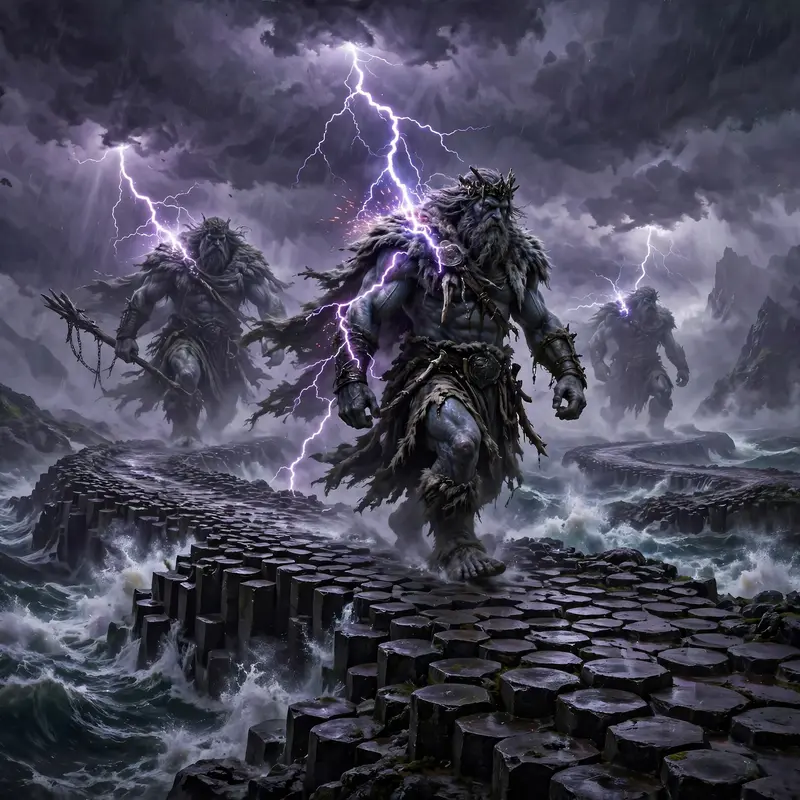 A causeway of hexagonal stones where storm giants stride through thunderheads, lightning grounding on their shoulders, epic fantasy painting, violent