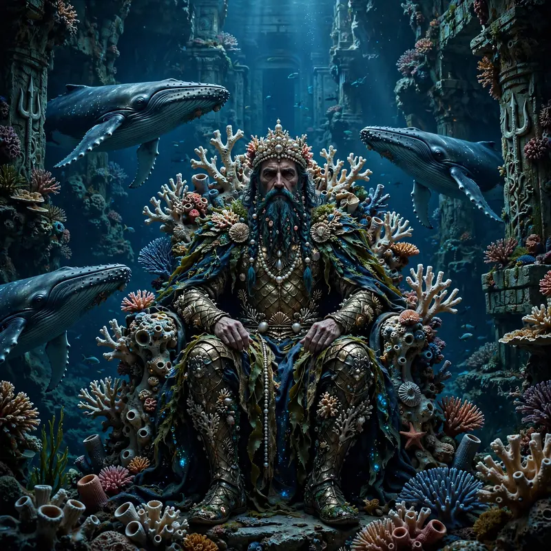 A throne of living coral in a deep trench palace, the sea-king crowned in pearls, whale-guards circling, regal underwater fantasy, deep blue