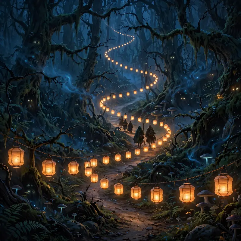 A trail of paper lanterns winding through a dark wispwood, guiding travelers past watching eyes, cozy-dark fantasy painting, warm lantern glow in