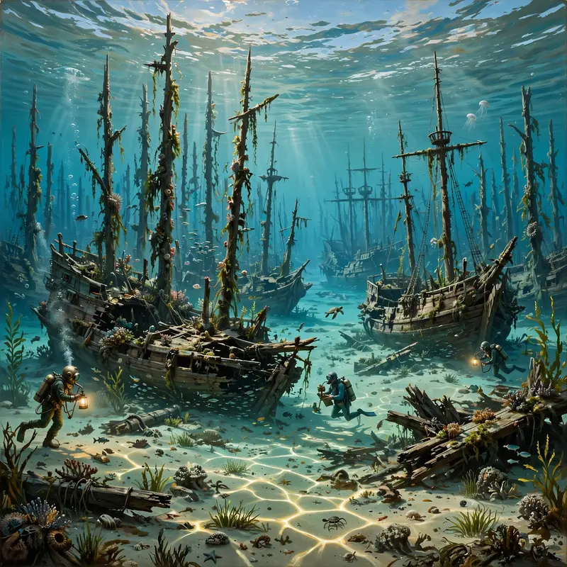 A graveyard of galleons in a shallow turquoise lagoon, masts like a dead forest, divers exploring, adventurous fantasy painting, dappled underwater