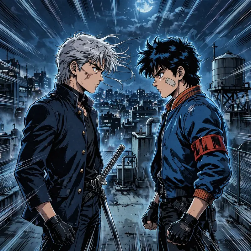 Dynamic anime key visual of a rival duo locked in a rooftop faceoff, drawn in retro 80s anime aesthetic. Moonlit blue rim light washes the scene