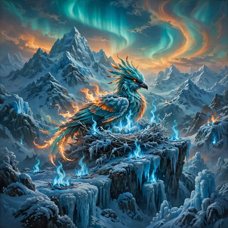 Peaks where blue flame burns on ice under aurora, a firebird nesting in the cold fire, surreal fantasy painting, impossible teal-orange light