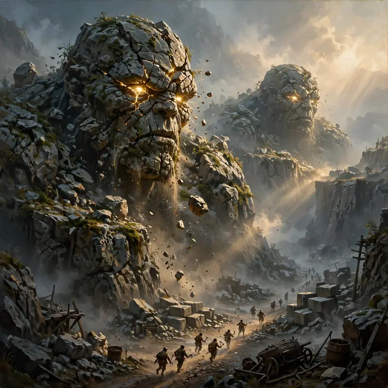 Stone golems awakening in a misty quarry, quarrymen fleeing tiny below, first light cracking their lids, epic fantasy painting, dusty dawn beams