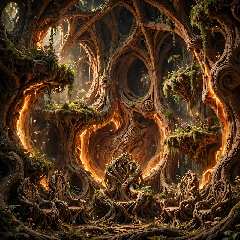 The hollow heart of a world-tree, sap glowing like blood-light, root thrones and hanging gardens, sacred fantasy interior, warm amber pulse, living