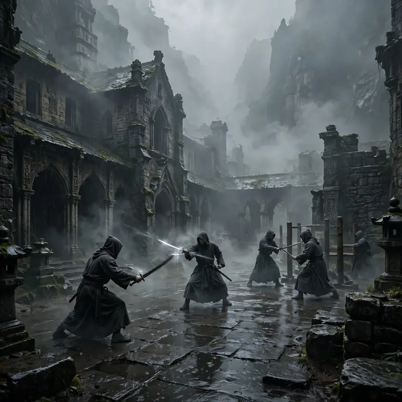 A monastery hidden in perpetual mist, silent monks training on wet stone, blades flashing, dark elegant fantasy, diffused gray light, disciplined