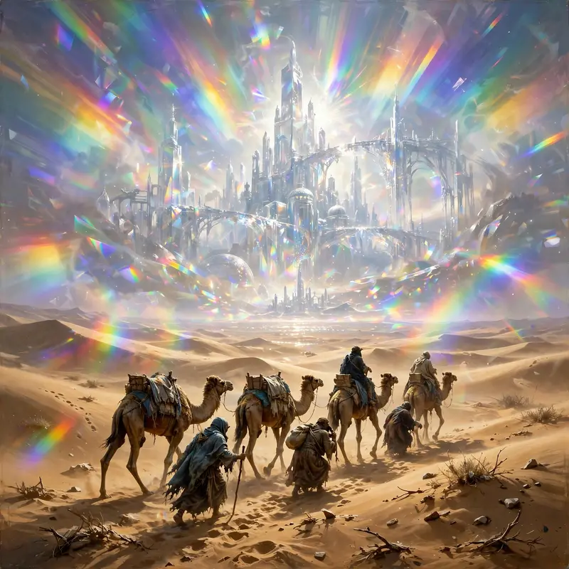 A desert mirage of a crystal city that may not exist, light splitting into rainbows, a caravan reaching toward it, surreal fantasy painting, blinding