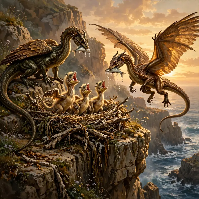 Wyverns nesting on sea cliffs at sunset, chicks screeching, parents returning with fish, natural-history fantasy painting, golden coastal light, wild