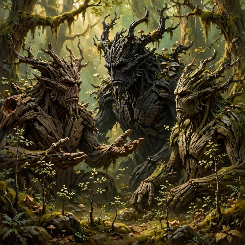 Ancient ironwood treants debating in a grove, bark faces stern, saplings listening, wise fantasy painting, mossy green-gold light, slow council mood