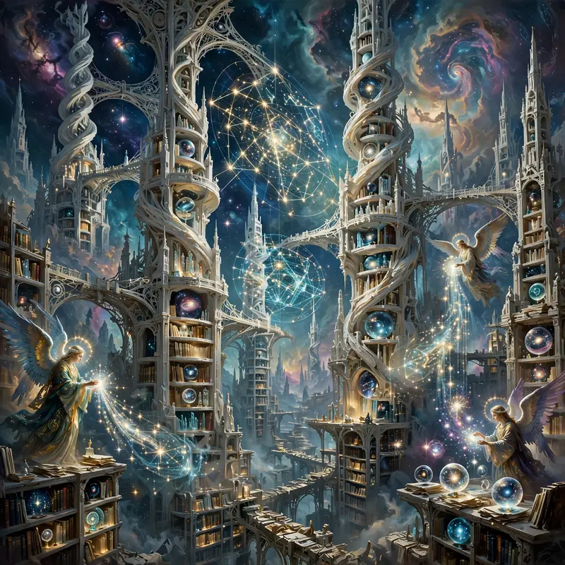 Impossible spires holding the universe's records, star-maps projected between towers, archivist angels sorting light, cosmic fantasy painting, nebula