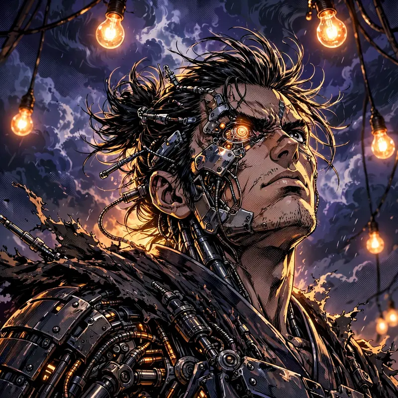 manga-inspired anime style with screentone accents illustration of a cybernetic ronin under flickering neon signs, posed heroically against a