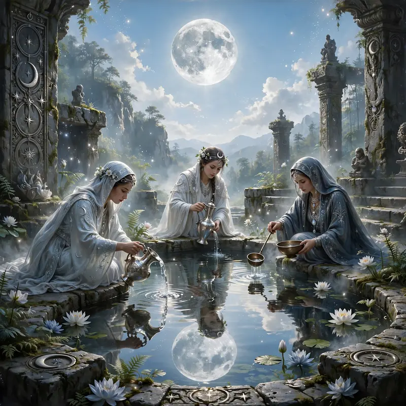 A sacred pool reflecting a full moon even at noon, priestesses drawing its water, silver light in daylight, mystical fantasy painting, impossible
