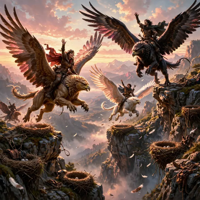 Griffins launching from cliff aeries at dawn, wings catching first light, riders waving, adventurous fantasy painting, rose-gold sunrise