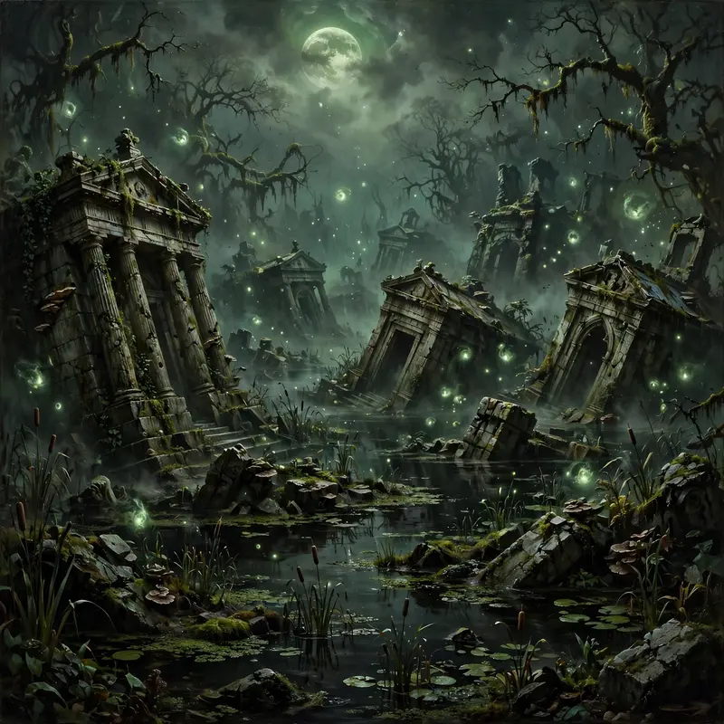 A sunken necropolis in a black fen, mausoleums tilting, corpse-lights drifting, gothic fantasy painting, sickly green moonlight, dreadful beauty