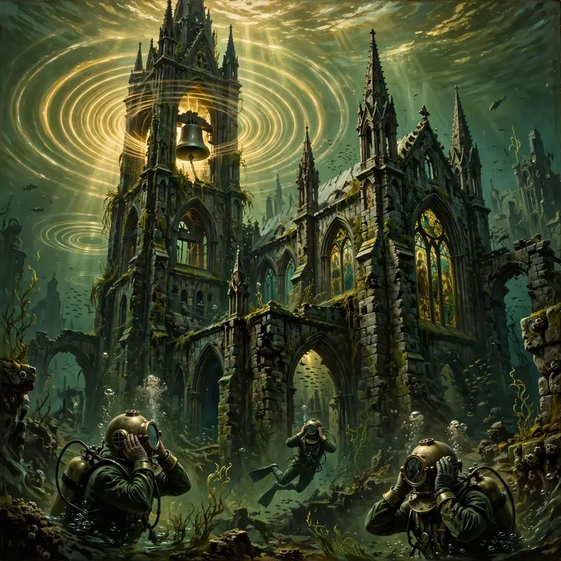 A drowned cathedral whose bells still toll underwater, sound visible as golden rings, divers covering their ears, surreal fantasy painting