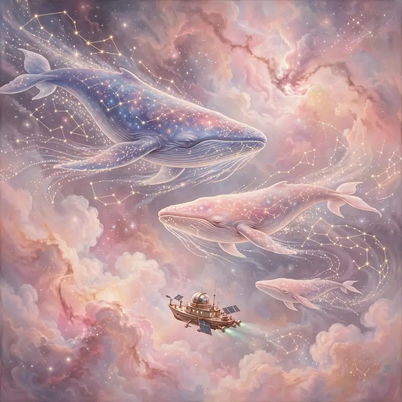 Starwhales drifting through a rose nebula, constellations in their wake, a tiny observatory ship following, cosmic fantasy painting, nebula pastel