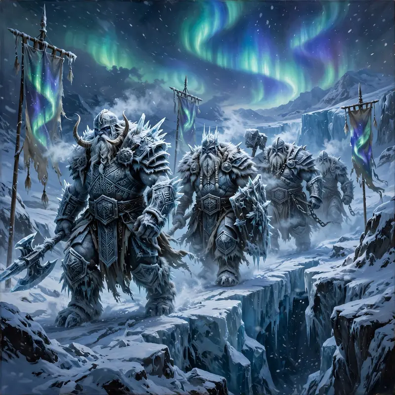 Frost giants marching a glacier causeway, breath freezing mid-air, aurora banners, epic fantasy painting, biting blue-white light, inexorable advance
