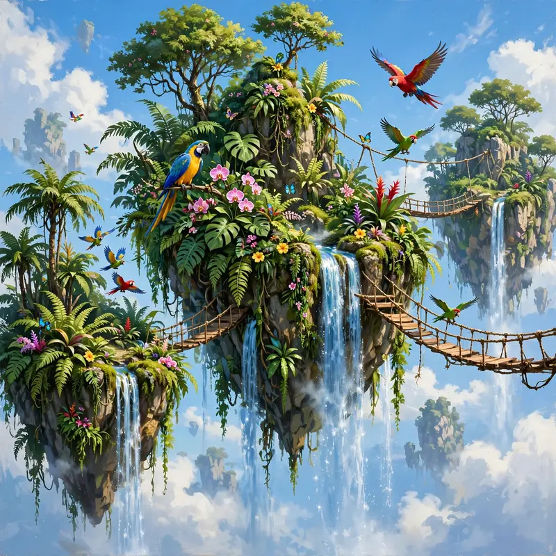 Lush jungle islands floating in a bright blue sky, parrots and waterfalls, rope bridges between, joyful fantasy painting, vivid daylight, exuberant