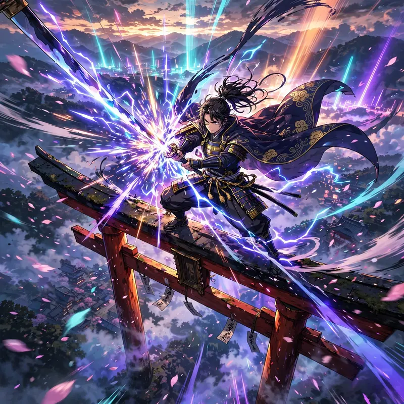 Epic anime splash art featuring a swordsman clashing blades on a torii gate in vibrant cel-shaded anime style, energy crackling around the figure