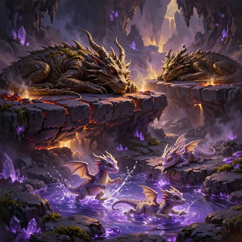 A dragon sanctum in eternal twilight, ancient elders dozing on heated volcanic stone while hatchlings tumble and play in pools of violet light