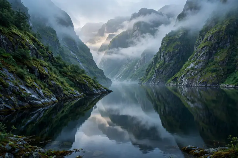 A misty Norwegian fjord at dawn, steep emerald cliffs rising from glassy dark water, low clouds threading between peaks. Cinematic landscape