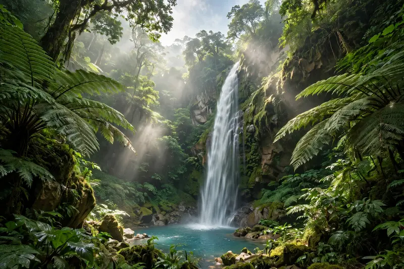 A towering waterfall plunging into a turquoise jungle pool, sunlight shafts cutting through mist and giant ferns. Lush tropical photography, dappled