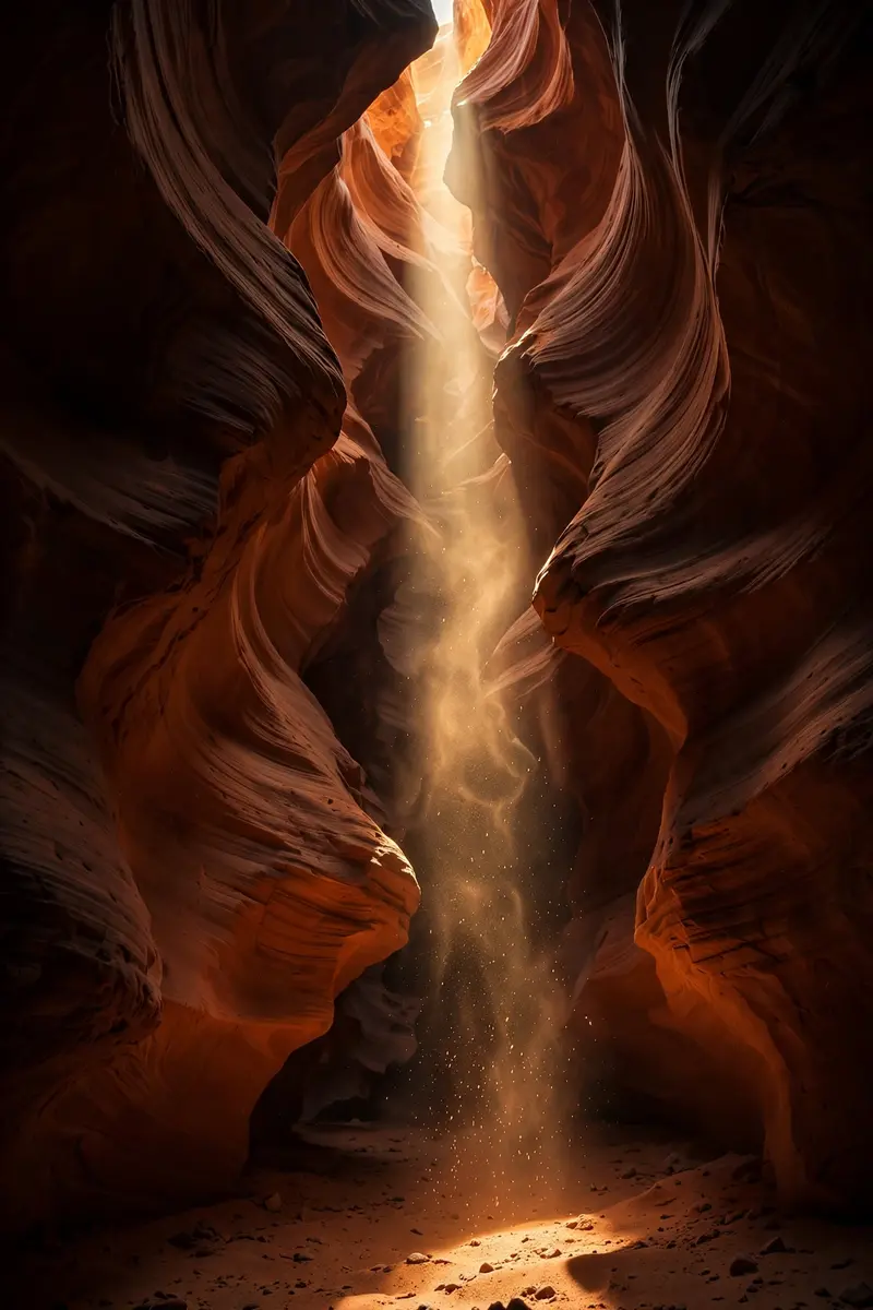 A shaft of golden sunlight piercing down into a narrow red slot canyon, dust motes dancing in the beam, smooth wave-like sandstone walls. Fine art