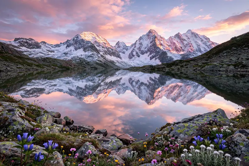 A flawless alpine lake mirroring snow-capped peaks and a pastel sunrise sky, wildflowers dotting the rocky shore. Classic landscape photography, soft