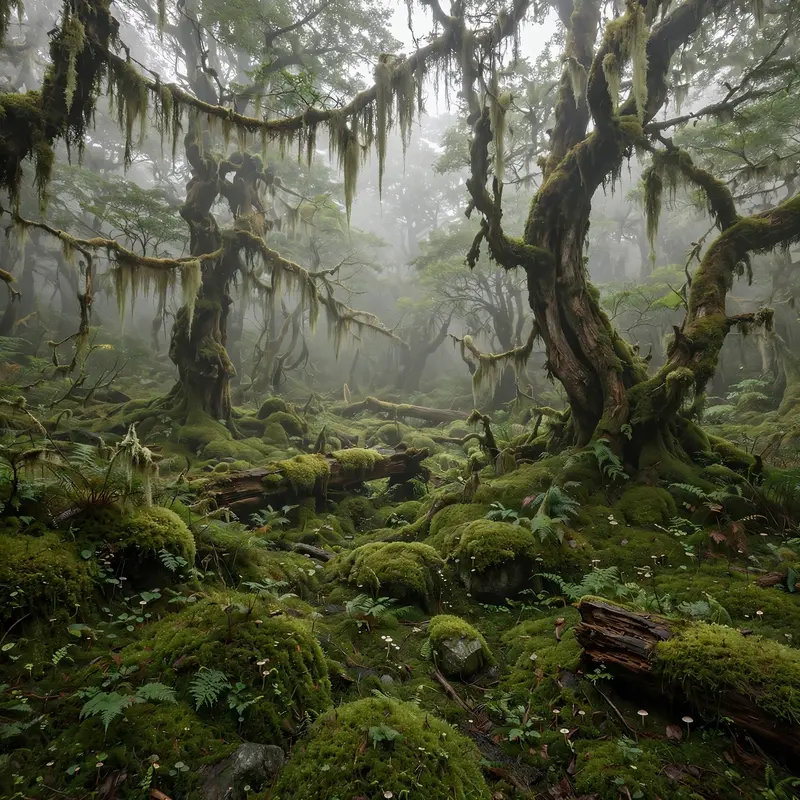 An ancient temperate rainforest carpeted in glowing green moss, twisted trees draped with hanging lichen, fog drifting between trunks. Ethereal