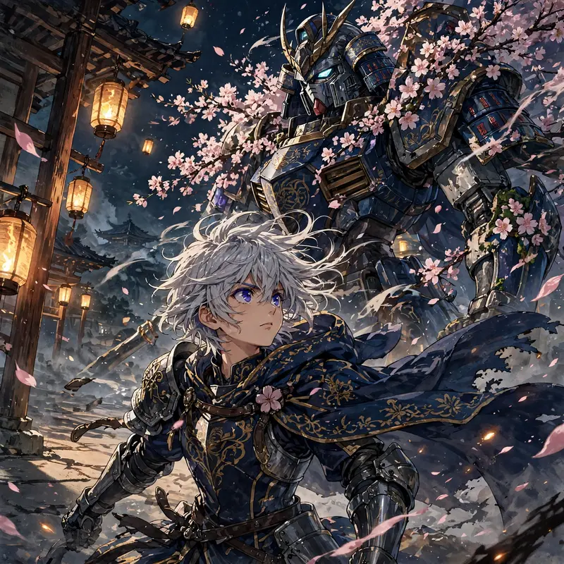 a mecha knight wreathed in cherry blossoms captured in painterly anime style with cel-shaded characters, hair and clothing whipping in the wind