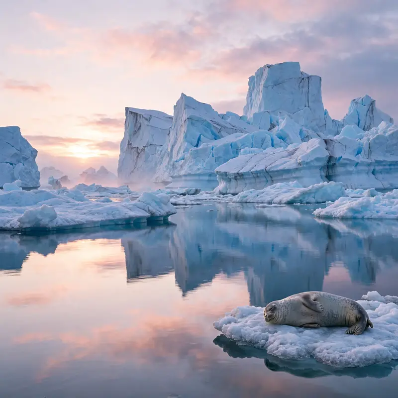 Towering blue-white icebergs floating in still Arctic water under a pale pink polar sky, a seal resting on a nearby floe. Polar landscape