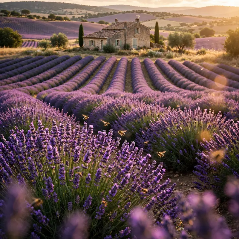 Rolling rows of blooming lavender stretching to a lone stone farmhouse in Provence, bees hovering over purple blossoms at golden hour. Romantic
