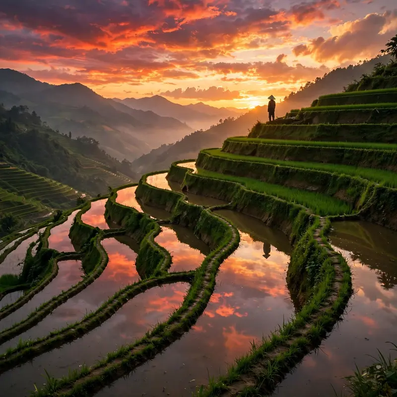 Emerald rice terraces in Vietnam filled with mirror-like water, reflecting a fiery sunset sky, a farmer's conical hat silhouette on a ridge. Travel