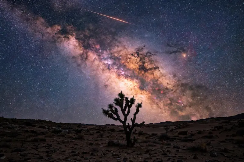 The galactic core of the Milky Way blazing over a lone Joshua tree in the desert, a faint meteor streaking overhead. Astrophotography, 20-second long