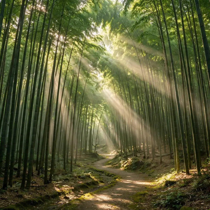 Towering bamboo stalks in Arashiyama forming a green cathedral, sunbeams slanting through the canopy onto a winding path. Serene forest photography