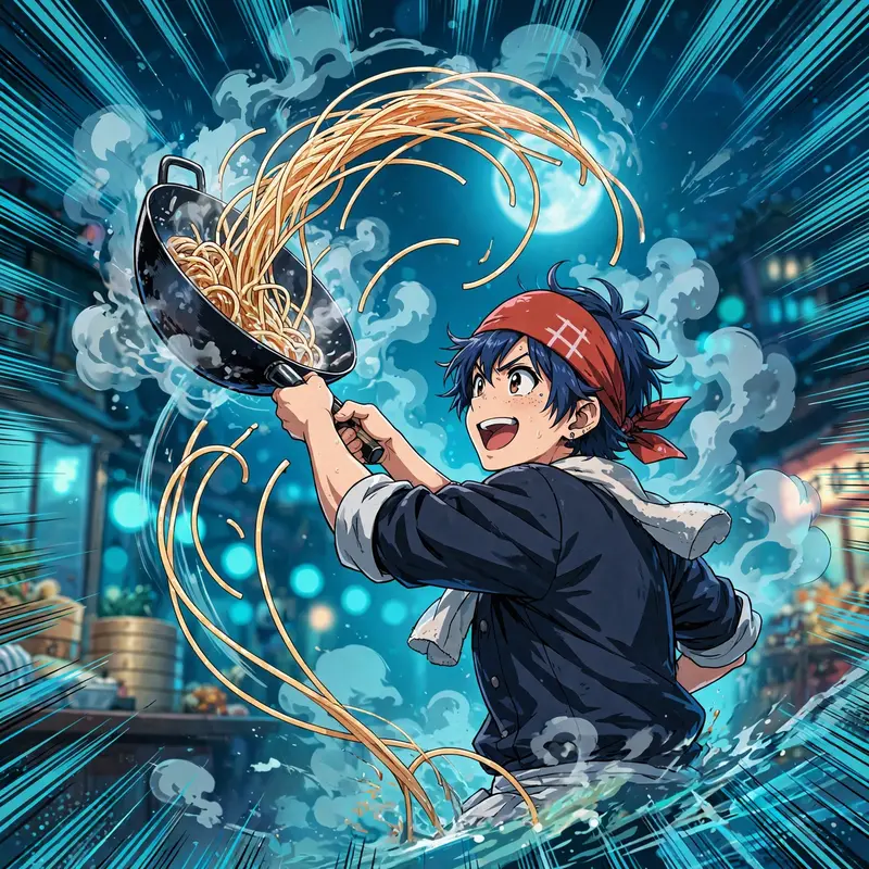 High-energy anime poster art of a ramen chef flipping noodles through steam, rendered in studio-quality TV anime style with explosive impact frames