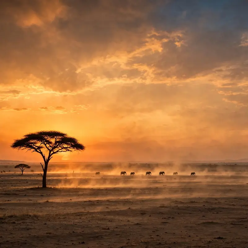 A lone acacia tree silhouetted against a molten African sunset, elephants ambling across the dusty plain, heat shimmer in the air. Safari landscape