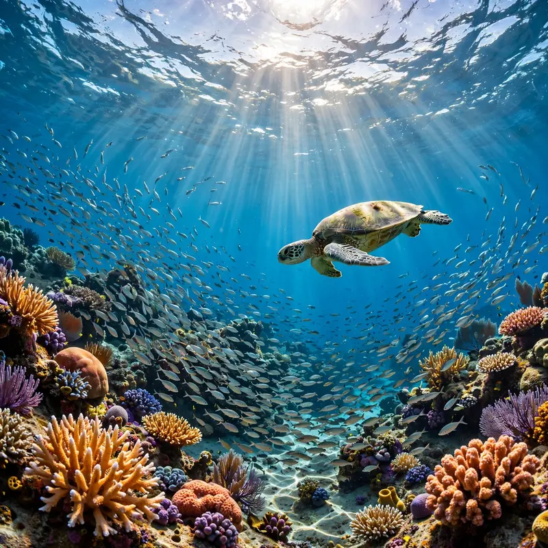 A sunlit coral reef teeming with a swirling school of silver fish, a sea turtle gliding through god rays. Underwater photography, natural caustic