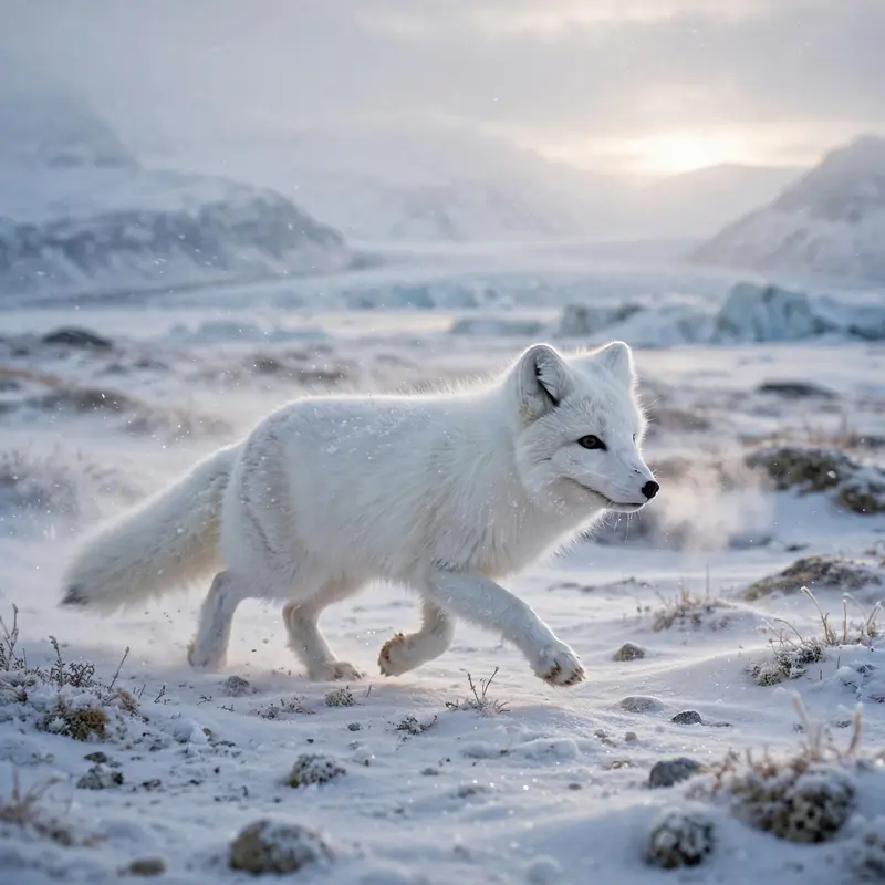 A white arctic fox trotting across windswept tundra under pale winter sun, breath puffing in the freezing air, distant glaciers. Wildlife landscape