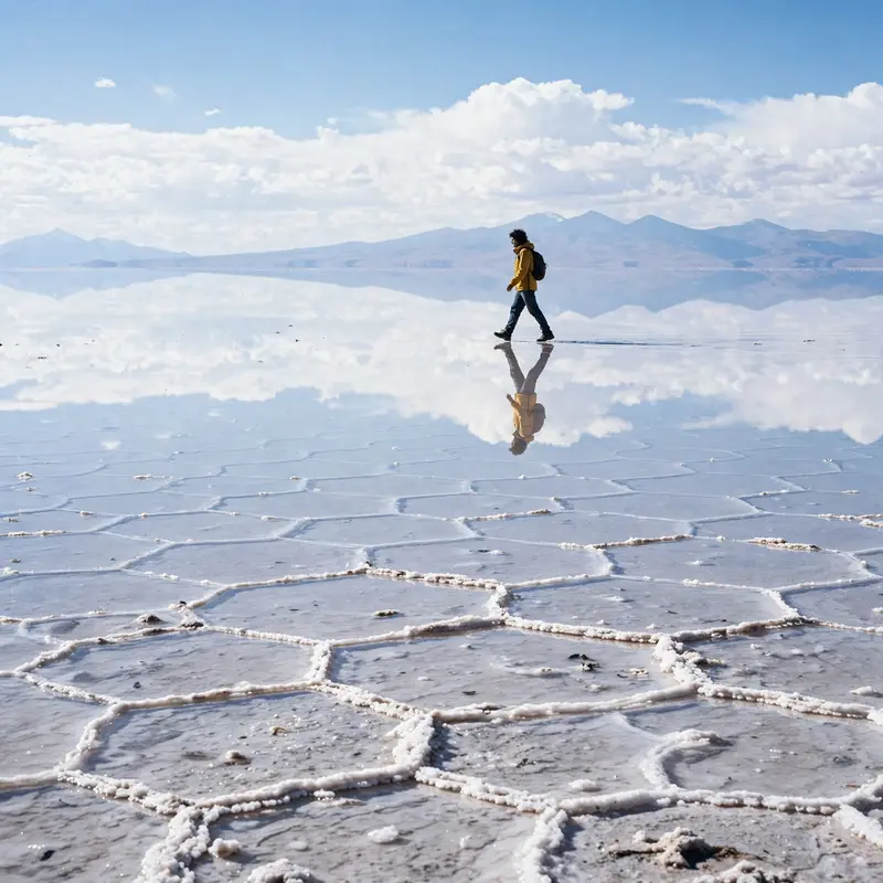 The Salar de Uyuni flooded into a perfect mirror, a person appearing to walk on the sky, hexagonal salt patterns underfoot. Surreal landscape